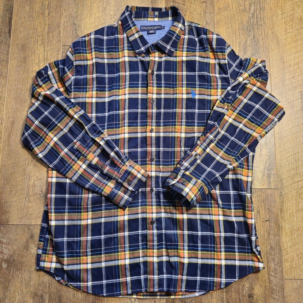US Polo Assn Plaid Flannel Shirt Mens 2XL Navy Orange Grunge Skater